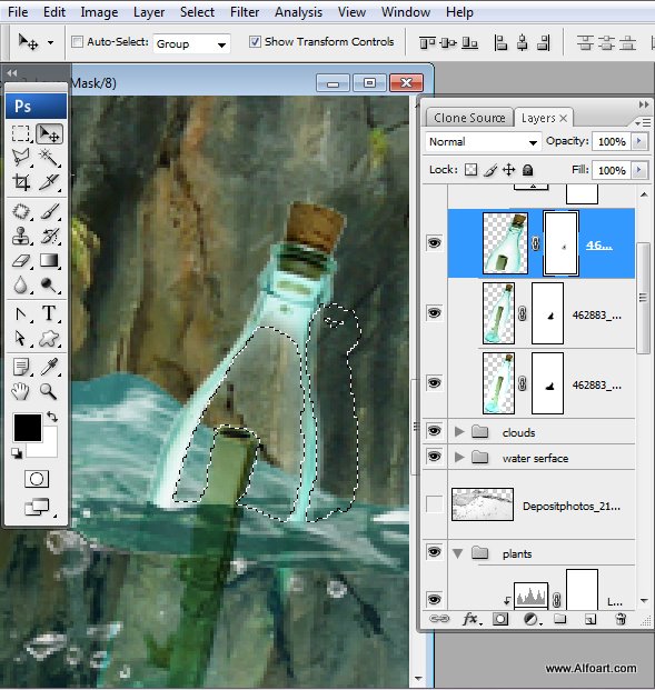 Message in a Bottle, bottle splashing in waves, Rough Water Surface, copy space, james bond island, close up of water wave, bubbles, tropic landscape, sea, ocean corals, seascape photomanipulation.